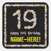 19誕生日:フローラ花数名前をカスタムする スクエアシール (正面)