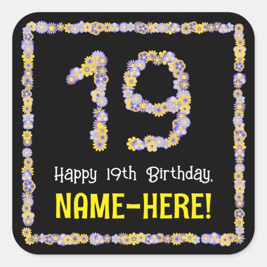 19誕生日:フローラ花数名前をカスタムする スクエアシール (正面)