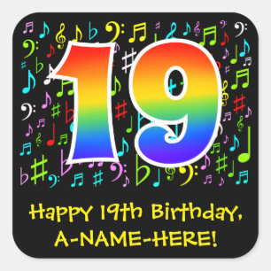 19誕生日:ミュージカラフルックシンボル，レインボー19 スクエアシール