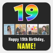 19誕生日：レインボー「19」、写真カスタムと名前 スクエアシール (正面)