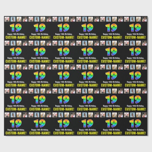 19誕生日：レインボー「19」、写真カスタムと名前 ラッピングペーパー (フラット)