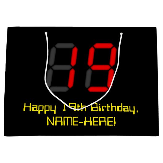 19誕生日:レッドデジタルクロックスタイル"19" +名前 ラージペーパーバッグ (正面)