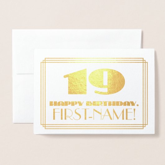 19誕生日、名前+アールデコのインスパイア外観「19」 箔カード (封筒付き正面)