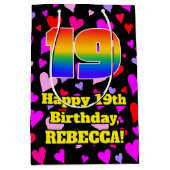 19誕生日：愛するハートパターン、虹# 19 ミディアムペーパーバッグ (正面)