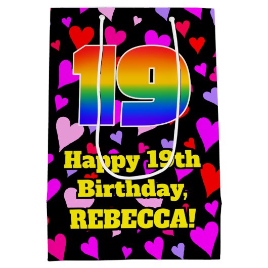 19誕生日:愛するハートパターン、虹# 19 ミディアムペーパーバッグ (裏面)