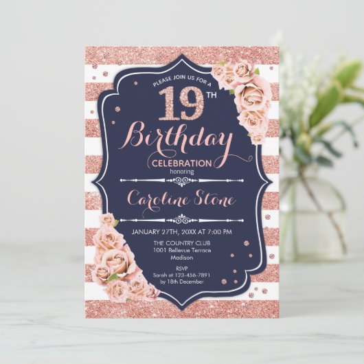 19誕生日 – 海軍バラ金ゴールドと白ストライプ色 招待状 (スタンド正面)