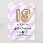 19誕生日 – 紫ののストライプ金ゴールドバルーン 招待状 (正面/裏面)