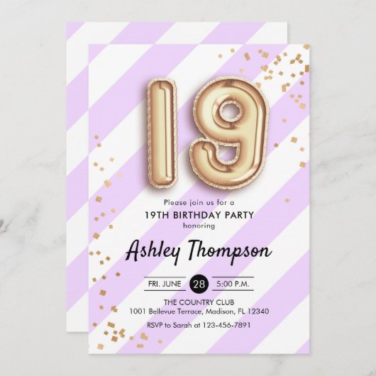 19誕生日 – 紫ののストライプ金ゴールドバルーン 招待状 (正面/裏面)