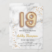 19誕生日-金ゴールドバルーン大理石効果 招待状 (正面/裏面)