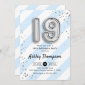 19誕生日 – 青ストライプ色と銀の風船 招待状 (正面/裏面)