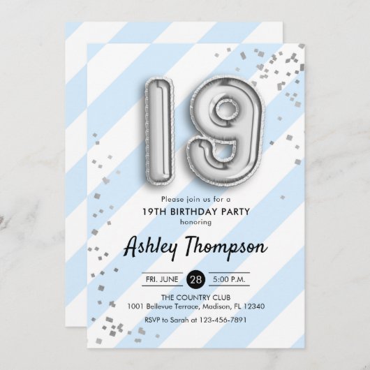 19誕生日 – 青ストライプ色と銀の風船 招待状 (正面/裏面)