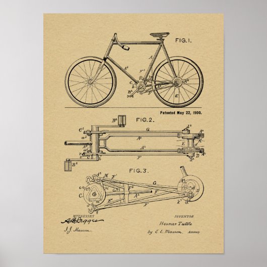 1900チェーンレス自転車デザイン特許プリント ポスター (正面)