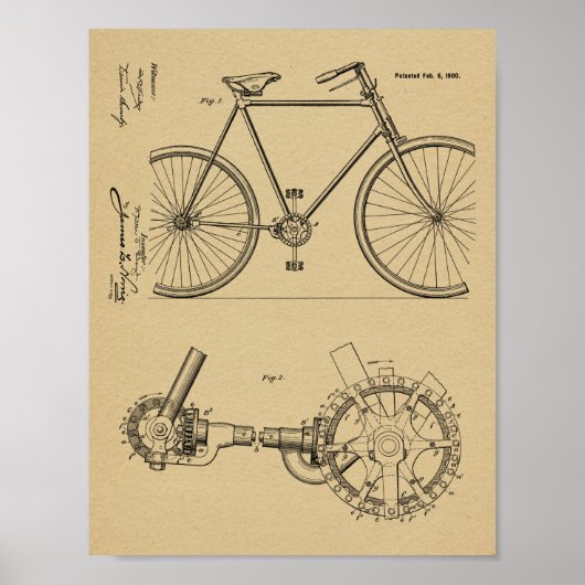 1900チェーンレス自転車デザイン特許プリント ポスター (正面)
