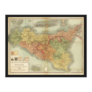 1900年からのシシリーの古い地図(Siciliaのcarta) キャンバスプリント