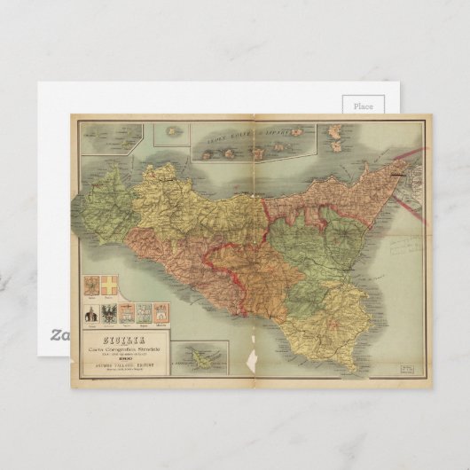 1900年からシチリアの古い地図(シチリア・カルタ) ポストカード (正面/裏面)