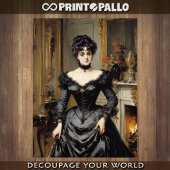 1900年に黒いドレスを着た高級社会女性 薄葉紙