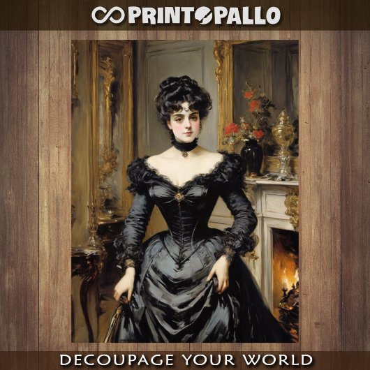 1900年に黒いドレスを着た高級社会女性 薄葉紙