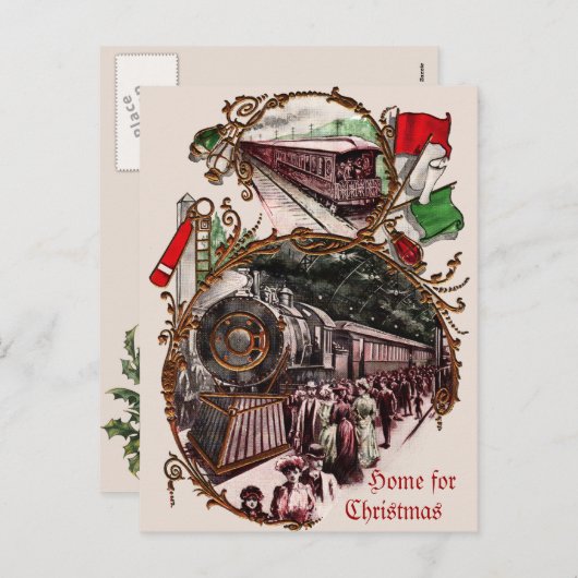 1900年代のクリスマス列車のホーム シーズンポストカード (正面/裏面)