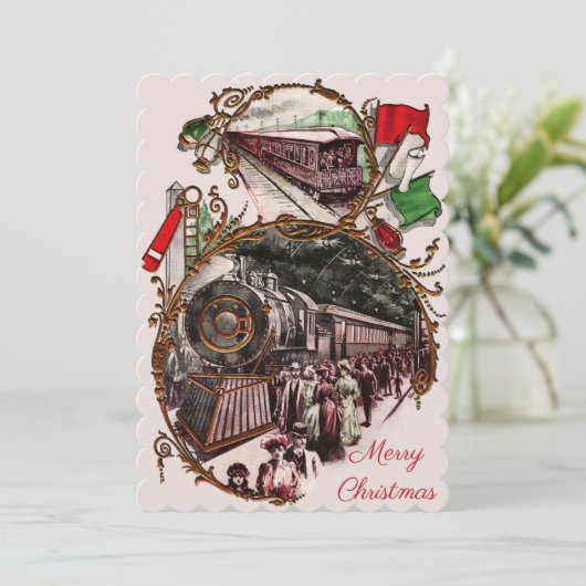1900年代の列車に乗ってクリスマスを祝うホームのフォトカード シーズンカード (スタンド正面)