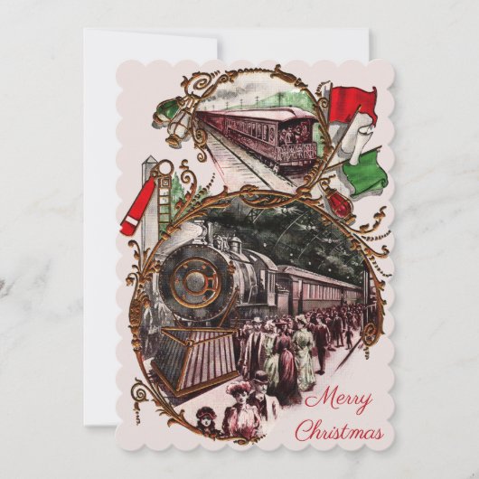 1900年代の列車に乗ってクリスマスを祝うホーム フォトカード シーズンカード (正面)
