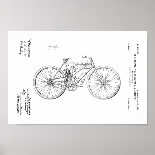 1901ヴィンテージ電動自転車特許プリント ポスター (正面)