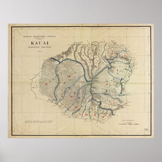 1903年カウアイ島の地図ハワイアン ポスター (正面)