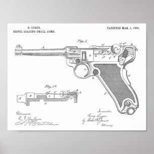 1904年のLuger銃のパテントの芸術のスケッチのプリント ポスター