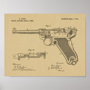 1904年のLuger銃のパテントの芸術のスケッチのプリント ポスター
