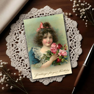 1904年 ヴィンテージの少女とピンクのバラの誕生日 ポストカード