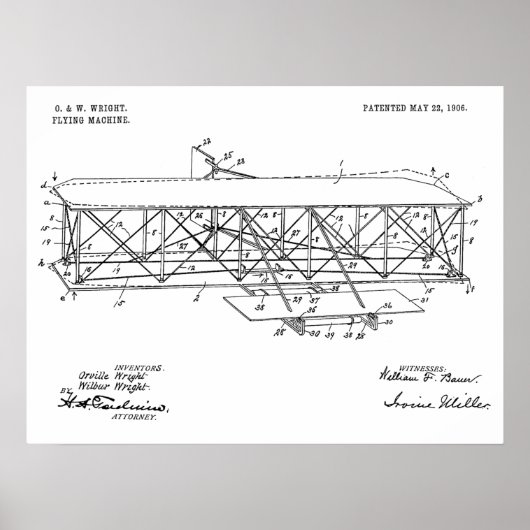 1906 Wright Brothers Airplane Patent Drawing Print ポスター (正面)