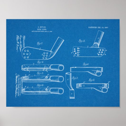 1907ゴルフクラブヘッド特許アートスケッチプリント ポスター (正面)