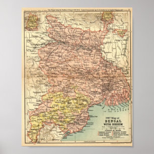 1907, Map, Bengal, Sikkim, India ポスター