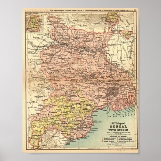 1907, Map, Bengal, Sikkim, India ポスター (正面)