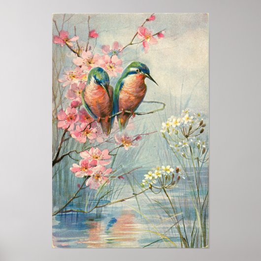 1907 Vintage Kingfishers and Blossoms ポスター (正面)