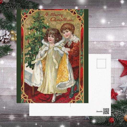 1910ヴィンテージクリスマスタックボーイ&ガール ポストカード