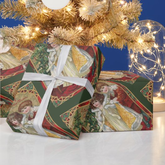 1910ヴィンテージクリスマスタックボーイ&ガール ラッピングペーパー (クリスマス)