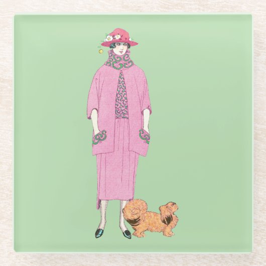 1910年代のファッションイラストレーションレディ&ペキンゲズドッグ ガラスコースター (正面)
