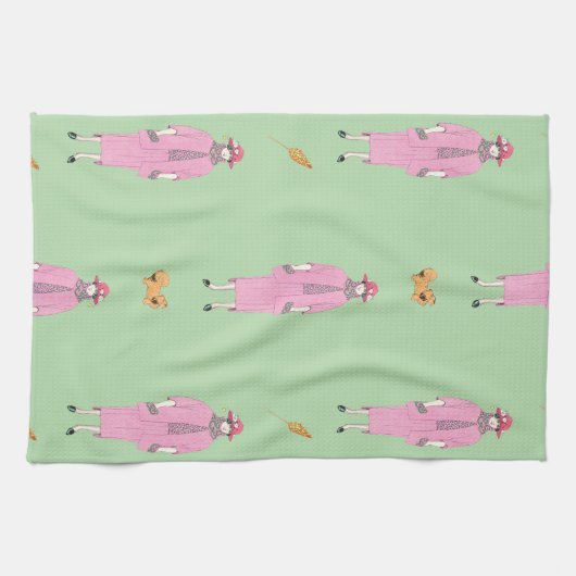 1910年代のファッションイラスト・レディ＆ペキニーズ犬 キッチンタオル (横)