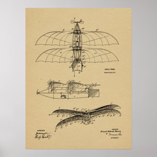 1911ヴィンテージ飛行機特許スケッチプリント ポスター (正面)