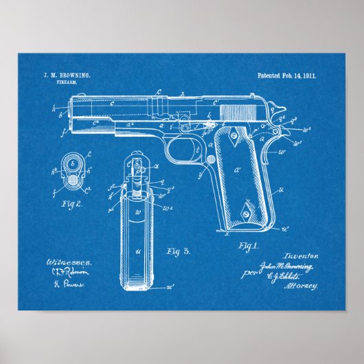 1911子馬ブラウニングガン特許美術スケッチプリント ポスター (正面)