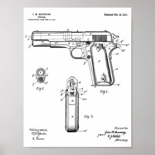 1911 Colt Browning Gun Patent Art Drawing Print ポスター