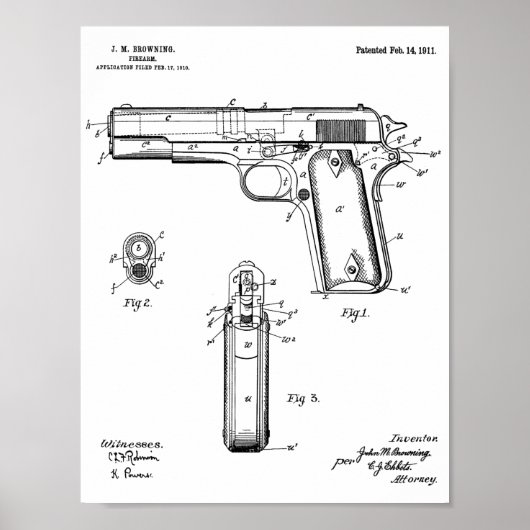 1911 Colt Browning Gun Patent Art Drawing Print ポスター (正面)
