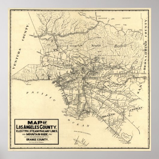 1912年のカリフォルニア州ロサンゼルス郡のビンテージ地図 ポスター (正面)