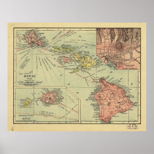 1912年ハワイハワイアン諸島の地図 ポスター (正面)