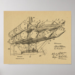 1912年旧飛行船飛行機特許スケッチプリント ポスター