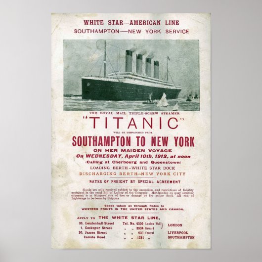1912年TITANICによる貨物呼び出し ポスター (正面)