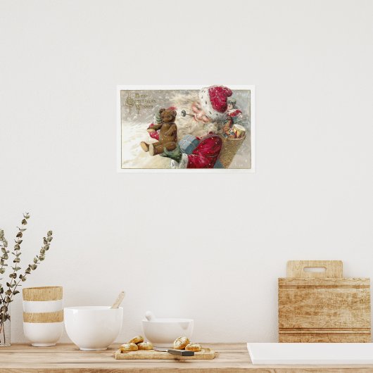 1913 Santa with Teddy Bear and Pipe ポスター (キッチン)