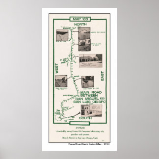 1914年の地図サンミゲルからサンルイス・オビスポーへ ポスター