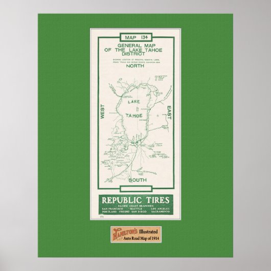 1914年タホ湖地図 ポスター (正面)