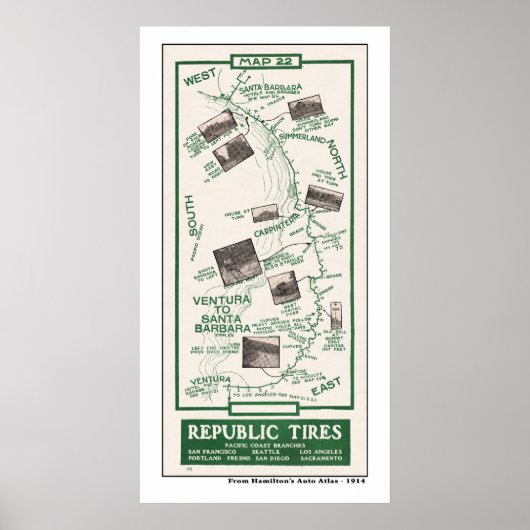 1914年地図、サンタバーバラからベンチュラへ ポスター (正面)